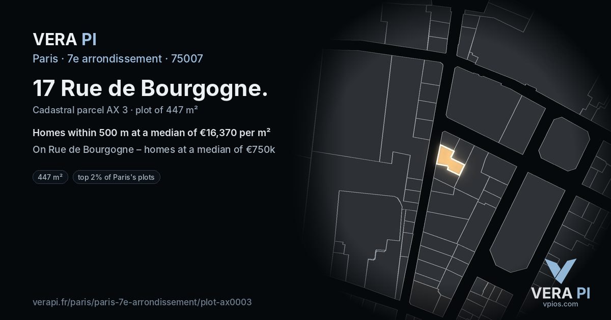 17 Rue de Bourgogne, 7e arrondissement at night – the plot lit, the parcels around coloured by the prices near them