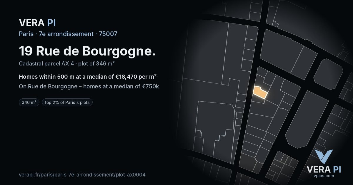 19 Rue de Bourgogne, 7e arrondissement at night – the plot lit, the parcels around coloured by the prices near them