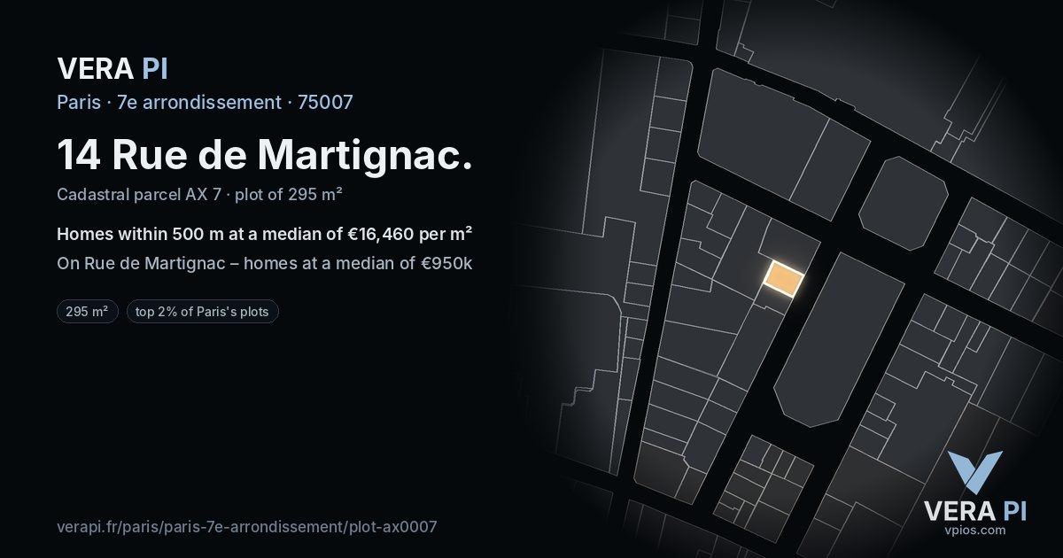 14 Rue de Martignac, 7e arrondissement at night – the plot lit, the parcels around coloured by the prices near them