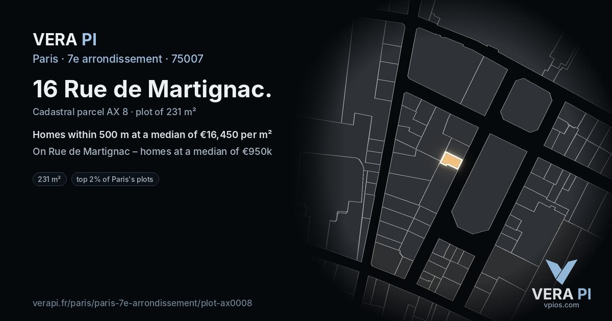 16 Rue de Martignac, 7e arrondissement at night – the plot lit, the parcels around coloured by the prices near them