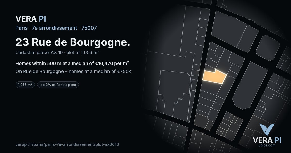 23 Rue de Bourgogne, 7e arrondissement at night – the plot lit, the parcels around coloured by the prices near them