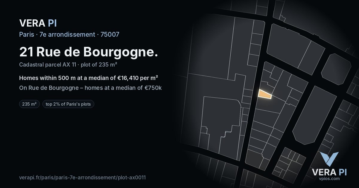 21 Rue de Bourgogne, 7e arrondissement at night – the plot lit, the parcels around coloured by the prices near them