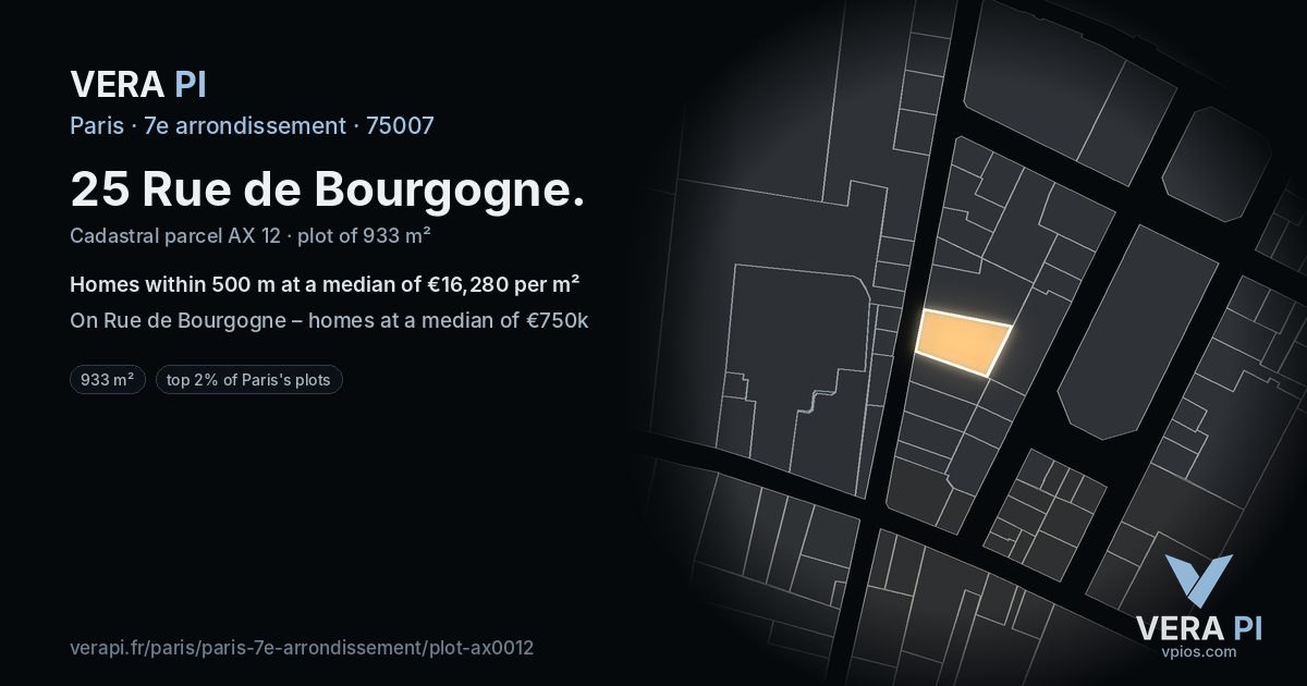 25 Rue de Bourgogne, 7e arrondissement at night – the plot lit, the parcels around coloured by the prices near them
