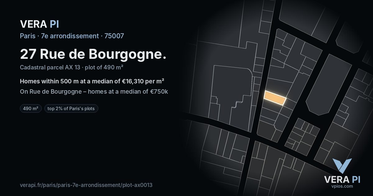 27 Rue de Bourgogne, 7e arrondissement at night – the plot lit, the parcels around coloured by the prices near them