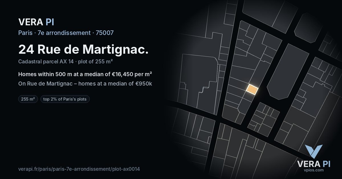 24 Rue de Martignac, 7e arrondissement at night – the plot lit, the parcels around coloured by the prices near them