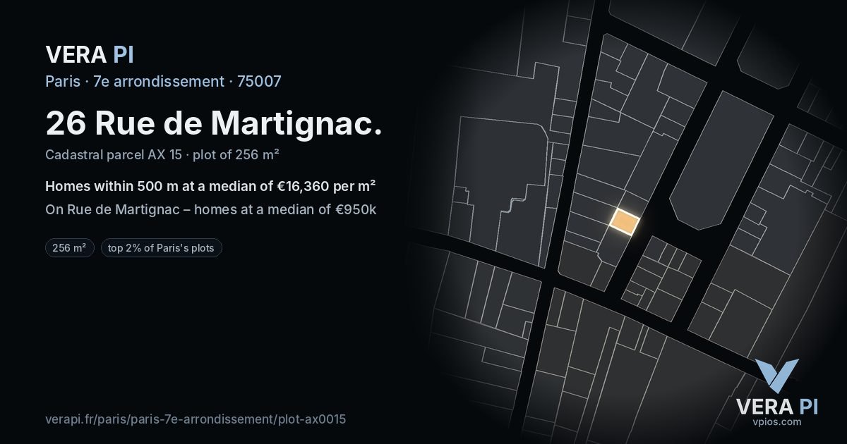 26 Rue de Martignac, 7e arrondissement at night – the plot lit, the parcels around coloured by the prices near them