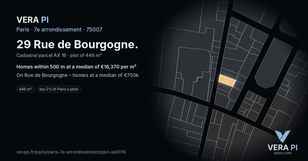 29 Rue de Bourgogne, 7e arrondissement at night – the plot lit, the parcels around coloured by the prices near them