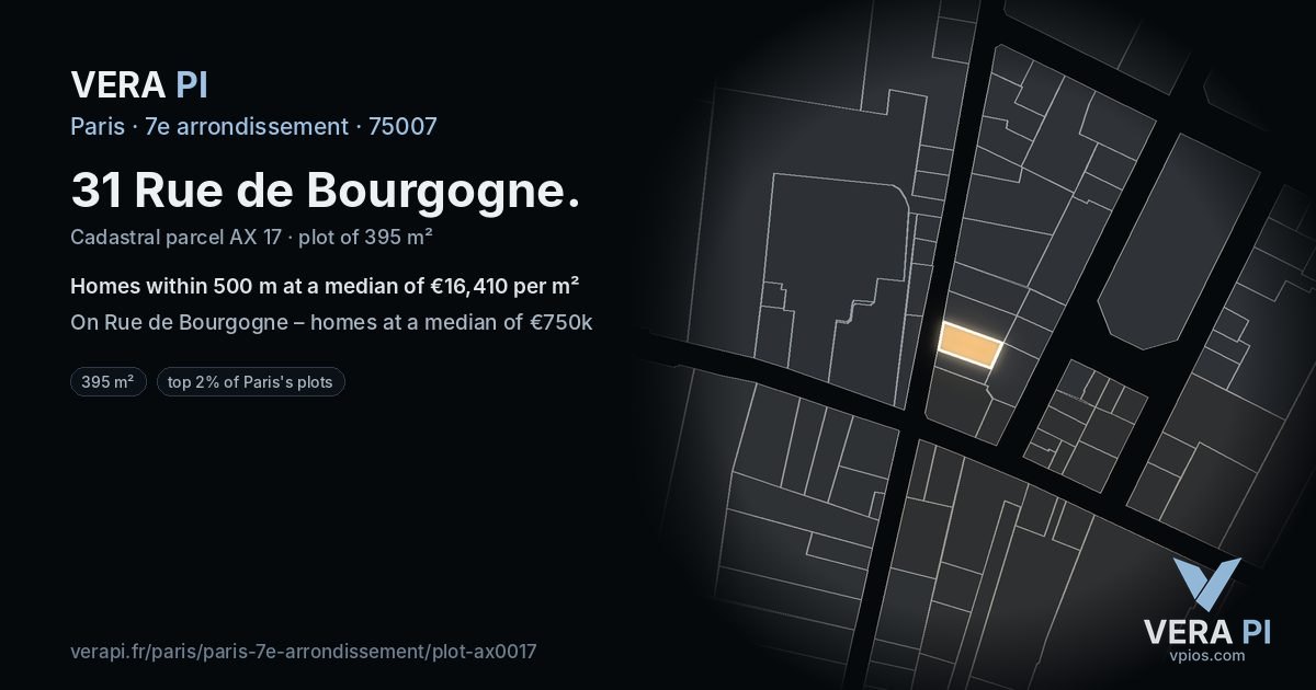 31 Rue de Bourgogne, 7e arrondissement at night – the plot lit, the parcels around coloured by the prices near them