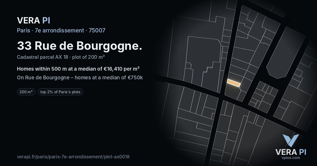 33 Rue de Bourgogne, 7e arrondissement at night – the plot lit, the parcels around coloured by the prices near them