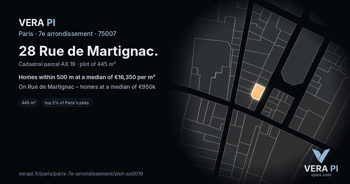 28 Rue de Martignac, 7e arrondissement at night – the plot lit, the parcels around coloured by the prices near them