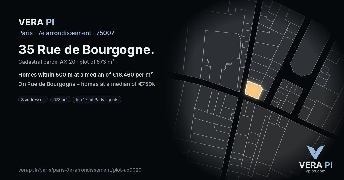 35 Rue de Bourgogne, 7e arrondissement at night – the plot lit, the parcels around coloured by the prices near them