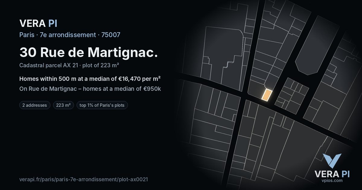 30 Rue de Martignac, 7e arrondissement at night – the plot lit, the parcels around coloured by the prices near them