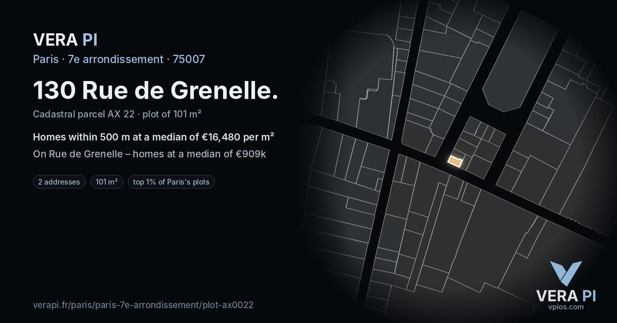 130 Rue de Grenelle, 7e arrondissement at night – the plot lit, the parcels around coloured by the prices near them