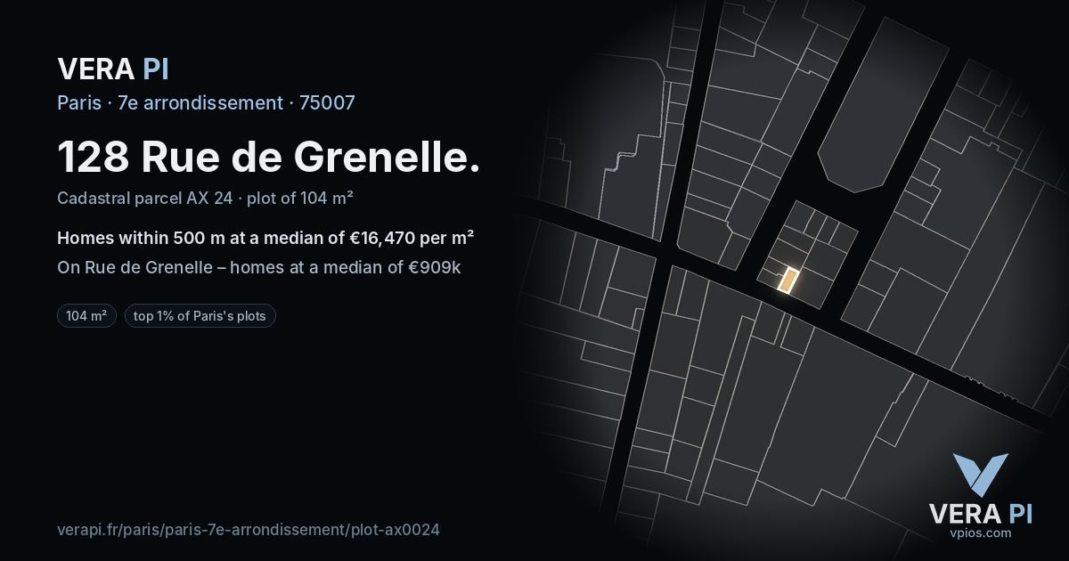 128 Rue de Grenelle, 7e arrondissement at night – the plot lit, the parcels around coloured by the prices near them