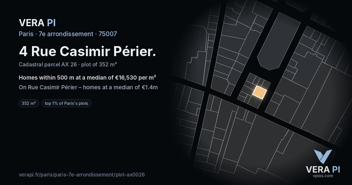 4 Rue Casimir Périer, 7e arrondissement at night – the plot lit, the parcels around coloured by the prices near them