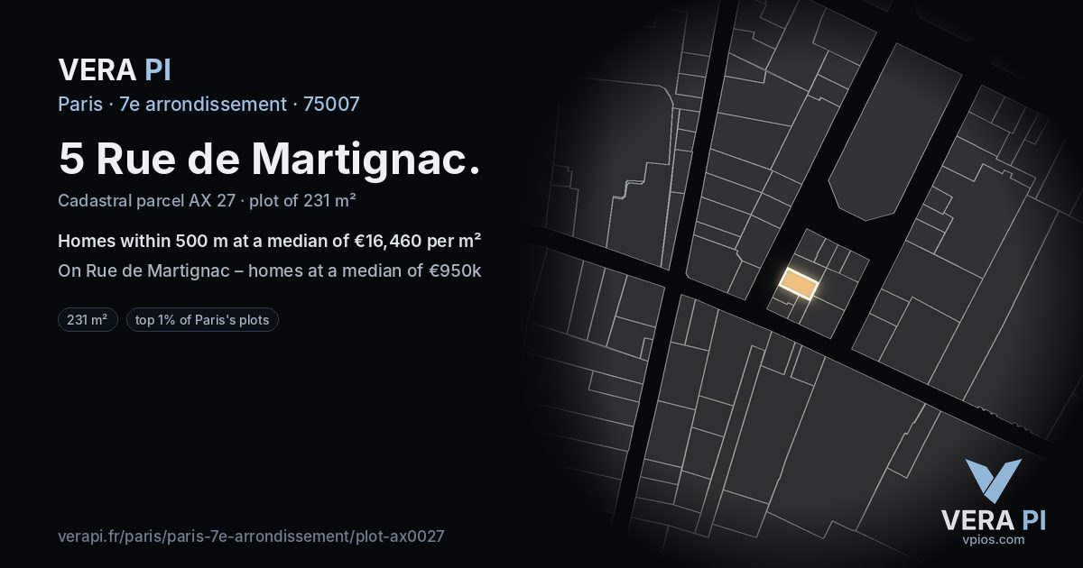 5 Rue de Martignac, 7e arrondissement at night – the plot lit, the parcels around coloured by the prices near them