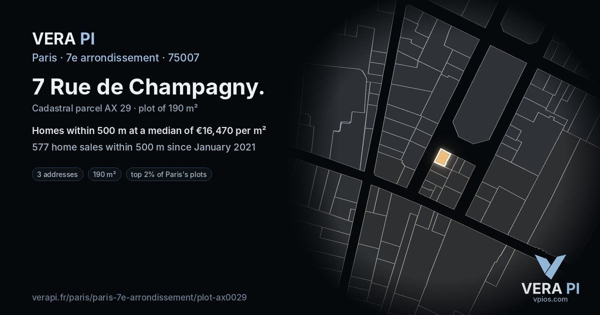 7 Rue de Champagny, 7e arrondissement at night – the plot lit, the parcels around coloured by the prices near them