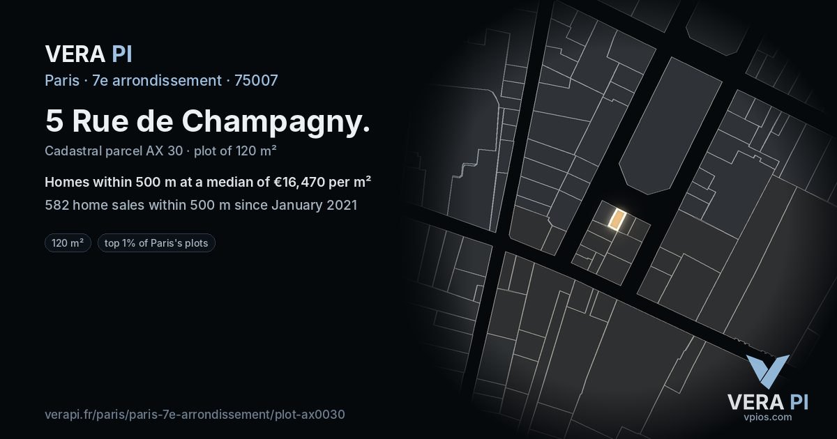 5 Rue de Champagny, 7e arrondissement at night – the plot lit, the parcels around coloured by the prices near them