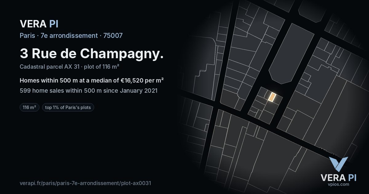3 Rue de Champagny, 7e arrondissement at night – the plot lit, the parcels around coloured by the prices near them