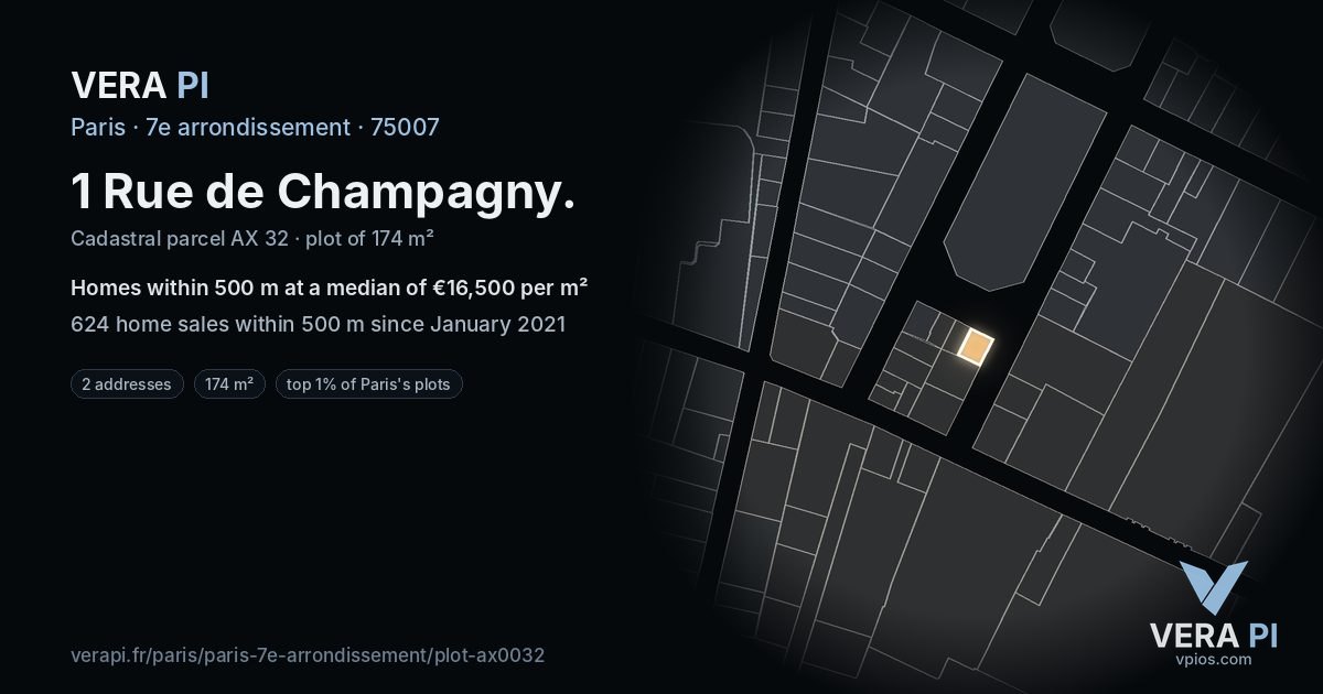 1 Rue de Champagny, 7e arrondissement at night – the plot lit, the parcels around coloured by the prices near them