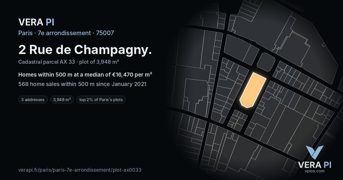 2 Rue de Champagny, 7e arrondissement at night – the plot lit, the parcels around coloured by the prices near them
