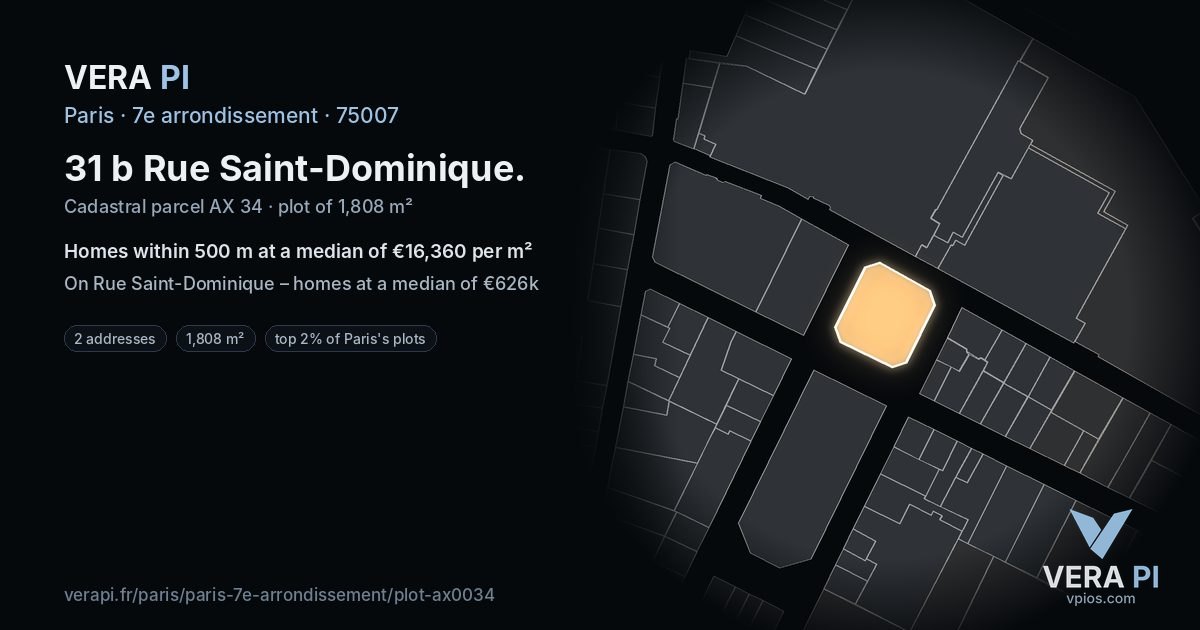 31 b Rue Saint-Dominique, 7e arrondissement at night – the plot lit, the parcels around coloured by the prices near them