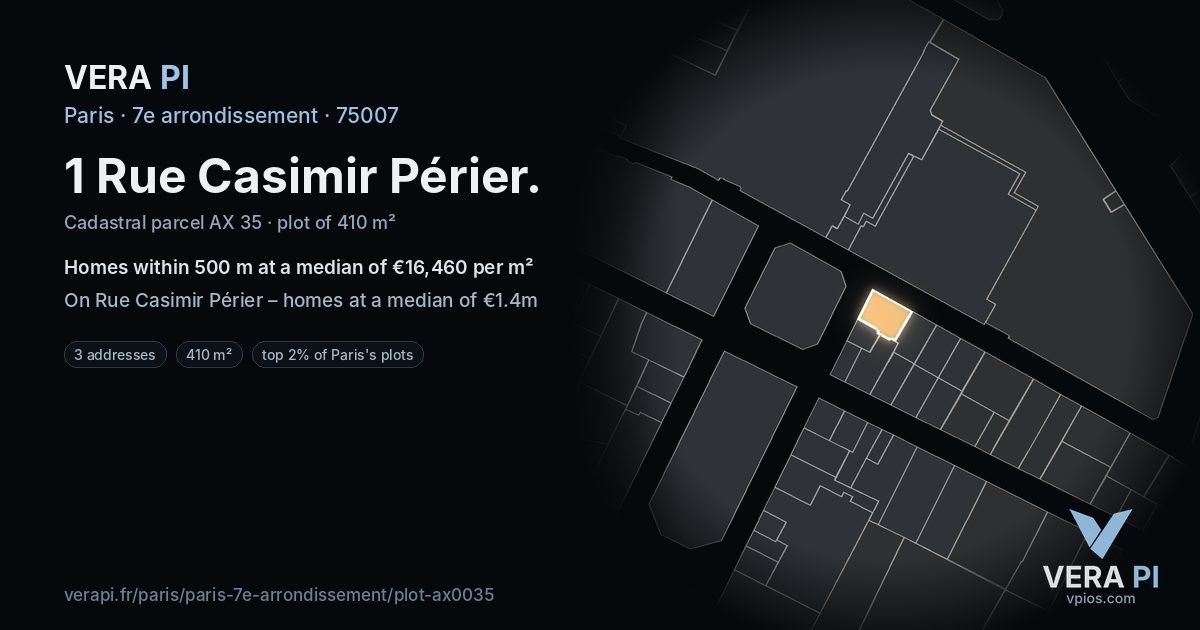 1 Rue Casimir Périer, 7e arrondissement at night – the plot lit, the parcels around coloured by the prices near them