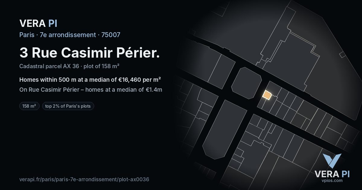 3 Rue Casimir Périer, 7e arrondissement at night – the plot lit, the parcels around coloured by the prices near them