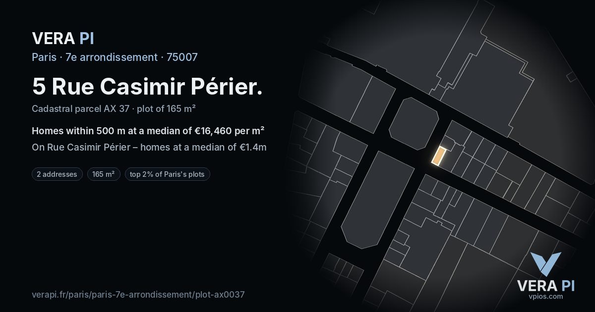 5 Rue Casimir Périer, 7e arrondissement at night – the plot lit, the parcels around coloured by the prices near them