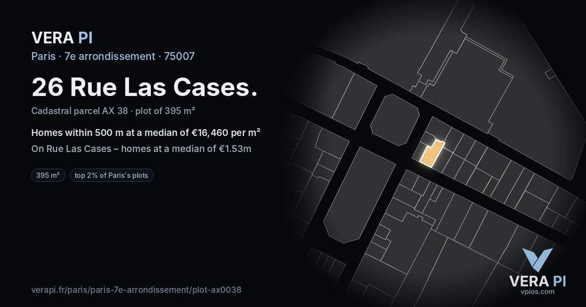 26 Rue Las Cases, 7e arrondissement at night – the plot lit, the parcels around coloured by the prices near them