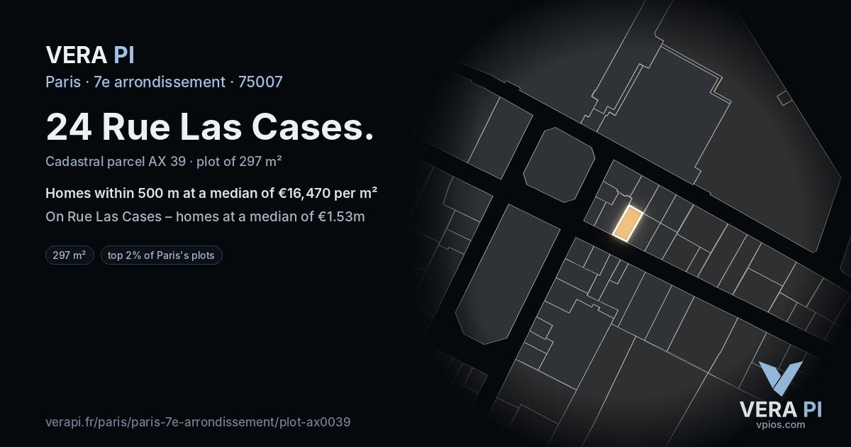 24 Rue Las Cases, 7e arrondissement at night – the plot lit, the parcels around coloured by the prices near them