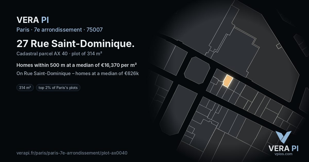 27 Rue Saint-Dominique, 7e arrondissement at night – the plot lit, the parcels around coloured by the prices near them