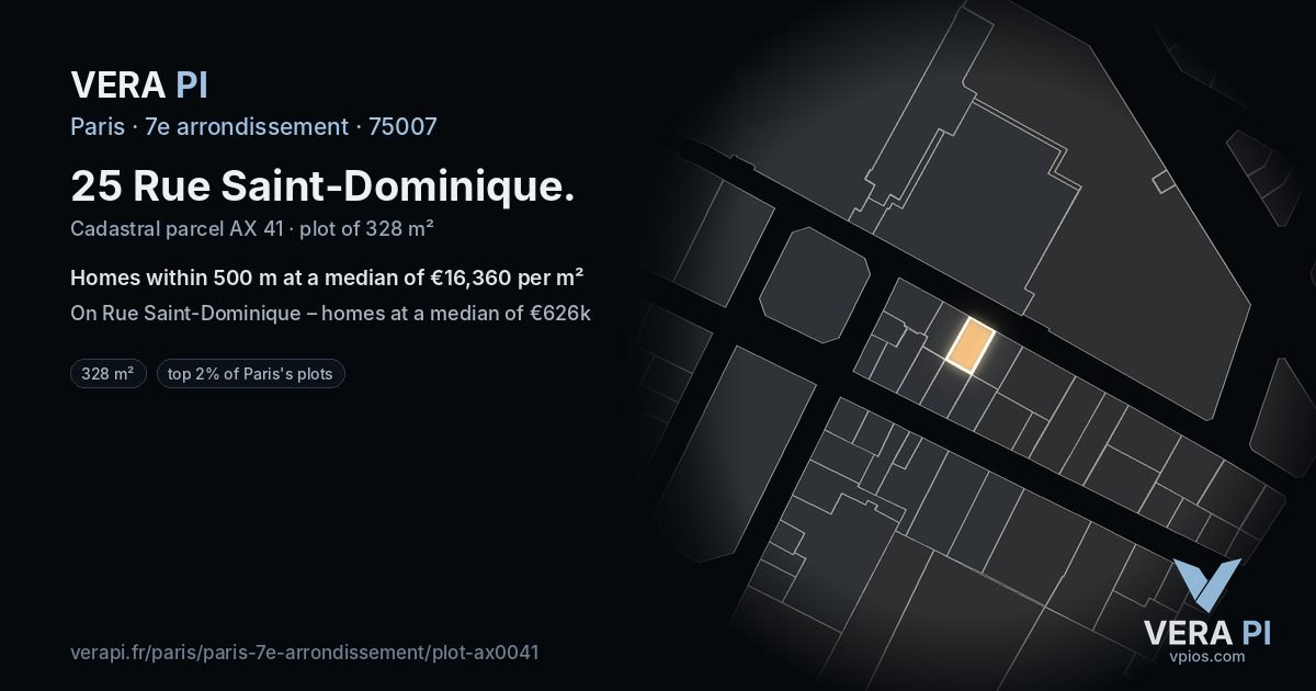 25 Rue Saint-Dominique, 7e arrondissement at night – the plot lit, the parcels around coloured by the prices near them