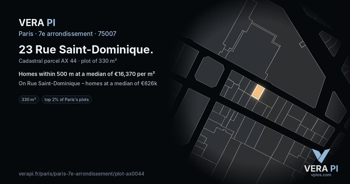 23 Rue Saint-Dominique, 7e arrondissement at night – the plot lit, the parcels around coloured by the prices near them