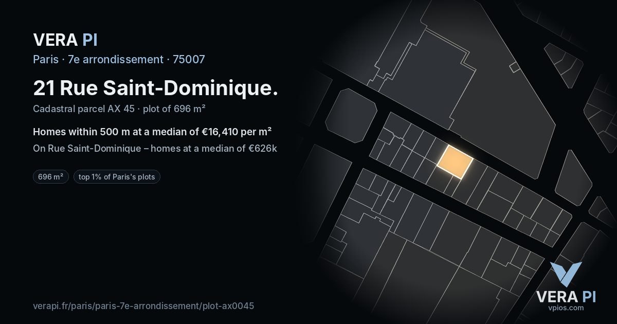 21 Rue Saint-Dominique, 7e arrondissement at night – the plot lit, the parcels around coloured by the prices near them