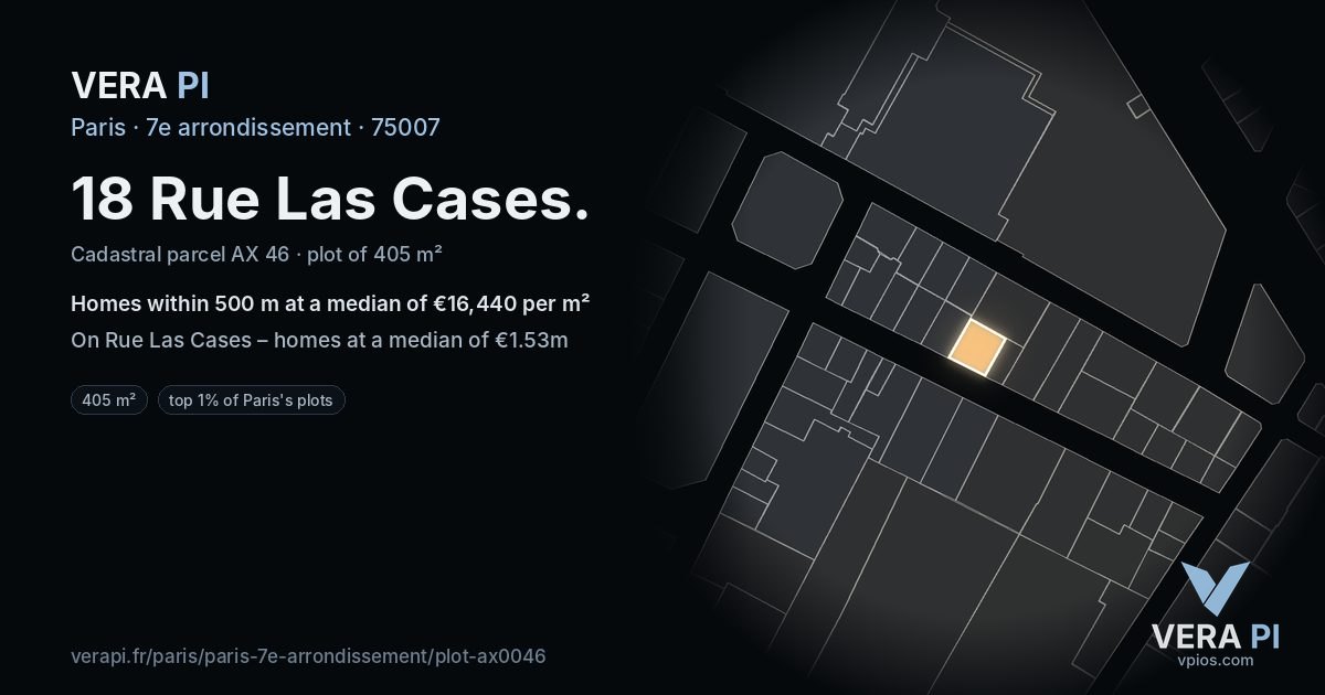 18 Rue Las Cases, 7e arrondissement at night – the plot lit, the parcels around coloured by the prices near them