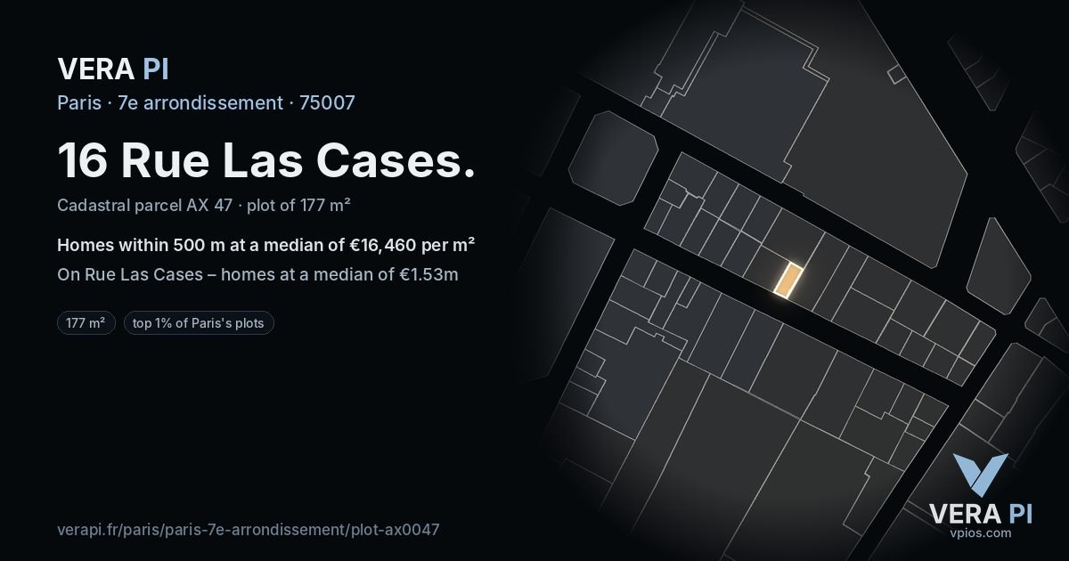 16 Rue Las Cases, 7e arrondissement at night – the plot lit, the parcels around coloured by the prices near them