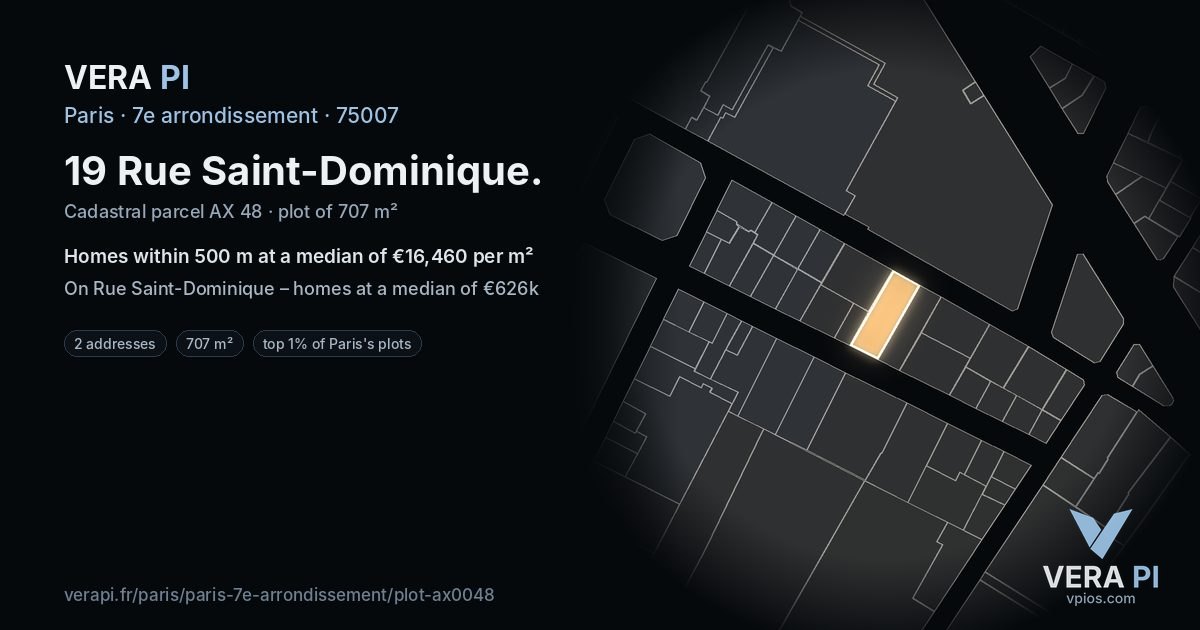 19 Rue Saint-Dominique, 7e arrondissement at night – the plot lit, the parcels around coloured by the prices near them