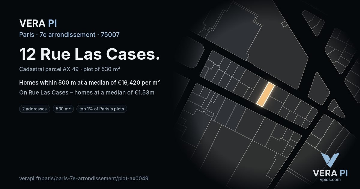 12 Rue Las Cases, 7e arrondissement at night – the plot lit, the parcels around coloured by the prices near them