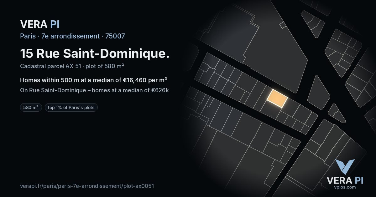 15 Rue Saint-Dominique, 7e arrondissement at night – the plot lit, the parcels around coloured by the prices near them