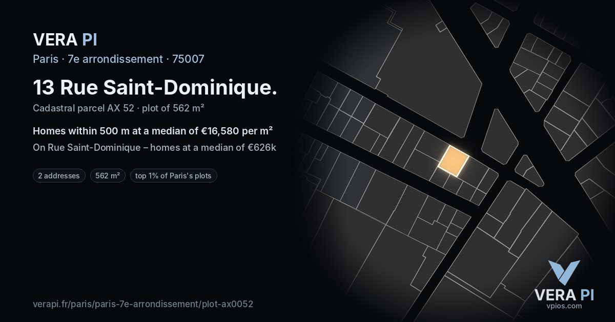 13 Rue Saint-Dominique, 7e arrondissement at night – the plot lit, the parcels around coloured by the prices near them