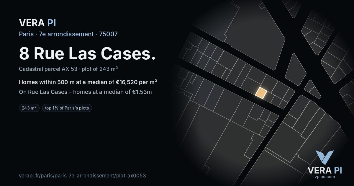 8 Rue Las Cases, 7e arrondissement at night – the plot lit, the parcels around coloured by the prices near them