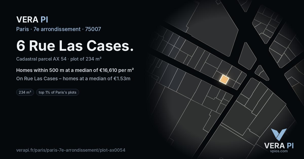 6 Rue Las Cases, 7e arrondissement at night – the plot lit, the parcels around coloured by the prices near them