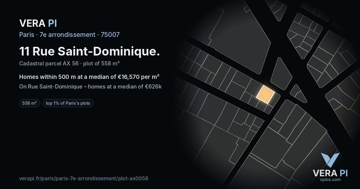 11 Rue Saint-Dominique, 7e arrondissement at night – the plot lit, the parcels around coloured by the prices near them