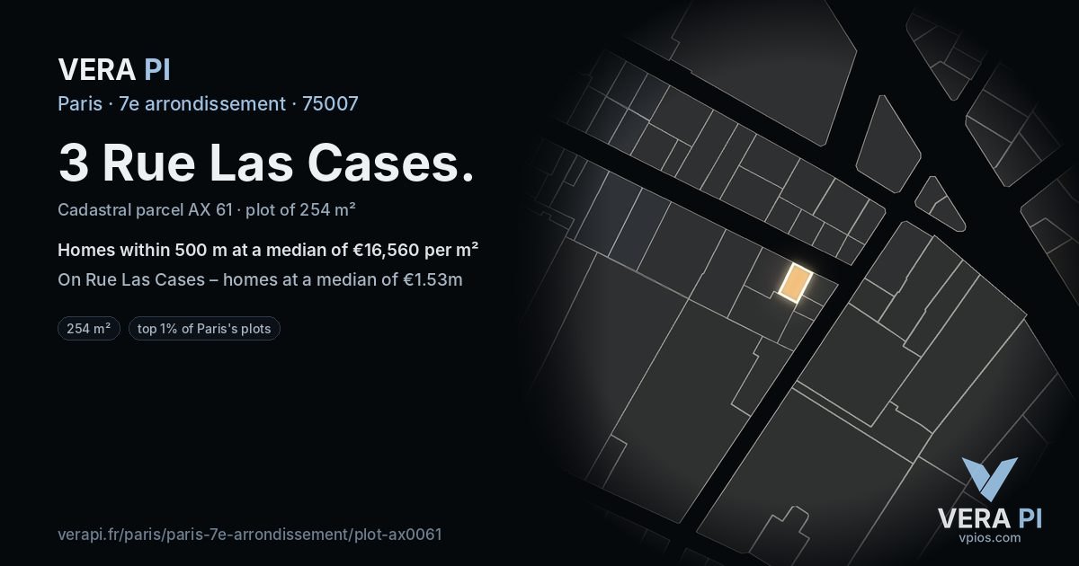 3 Rue Las Cases, 7e arrondissement at night – the plot lit, the parcels around coloured by the prices near them