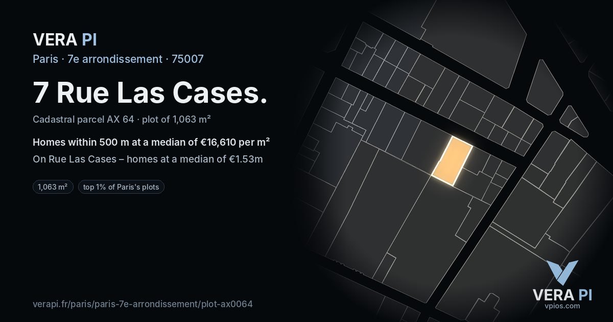 7 Rue Las Cases, 7e arrondissement at night – the plot lit, the parcels around coloured by the prices near them