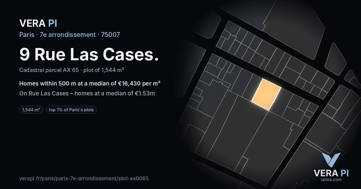 9 Rue Las Cases, 7e arrondissement at night – the plot lit, the parcels around coloured by the prices near them
