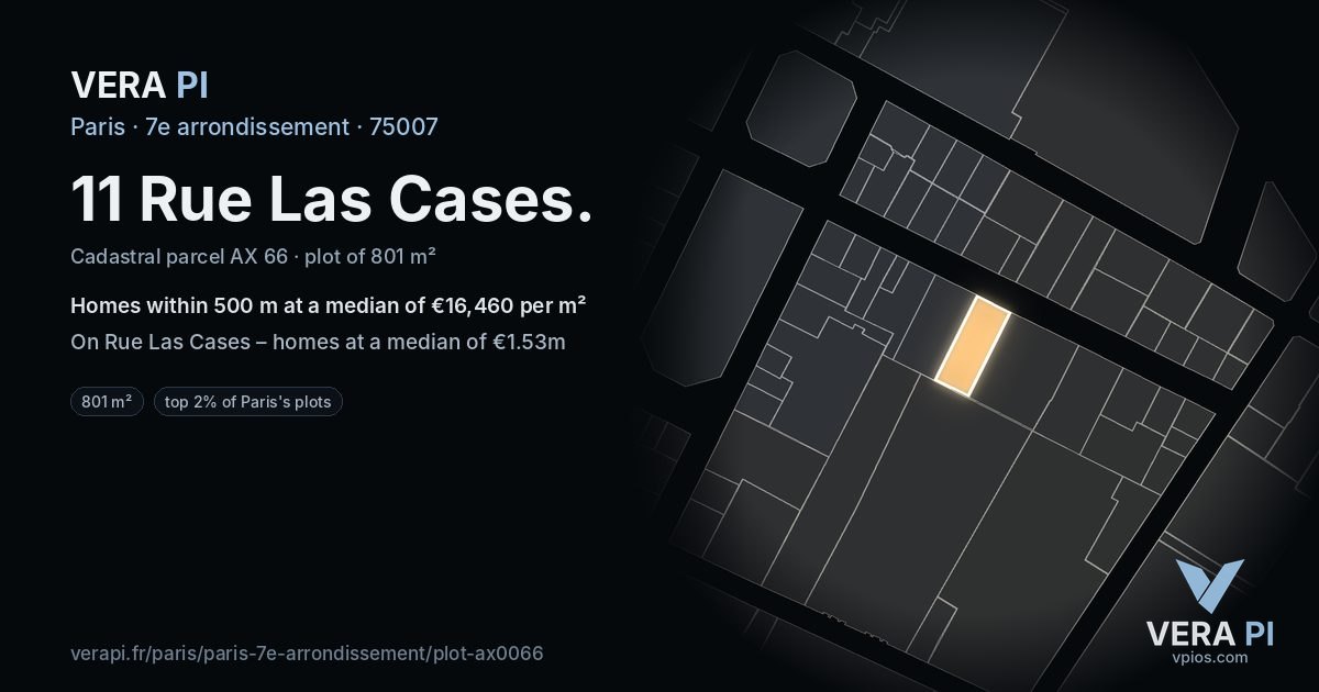 11 Rue Las Cases, 7e arrondissement at night – the plot lit, the parcels around coloured by the prices near them