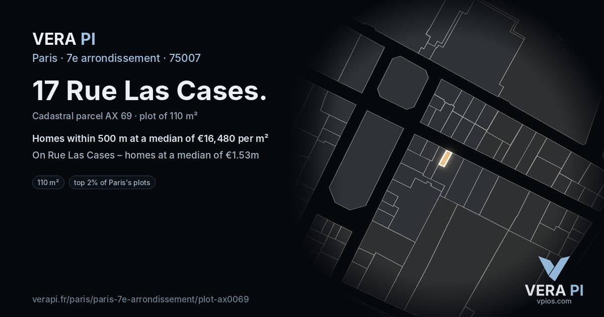 17 Rue Las Cases, 7e arrondissement at night – the plot lit, the parcels around coloured by the prices near them