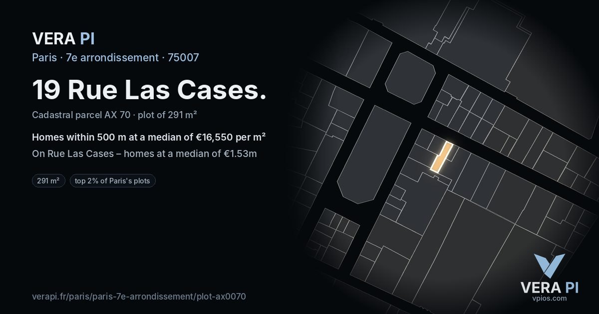 19 Rue Las Cases, 7e arrondissement at night – the plot lit, the parcels around coloured by the prices near them